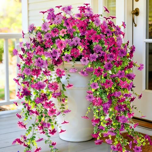 CCILAND 2 PCS Artificial Hanging Flowers for Outdoors, Fake Flower Plants UV Resistant Faux Hanging Spring Flowers for Home Porch Garden Patio Yard Decor (Pink and Purple) - color: Pink and Purple