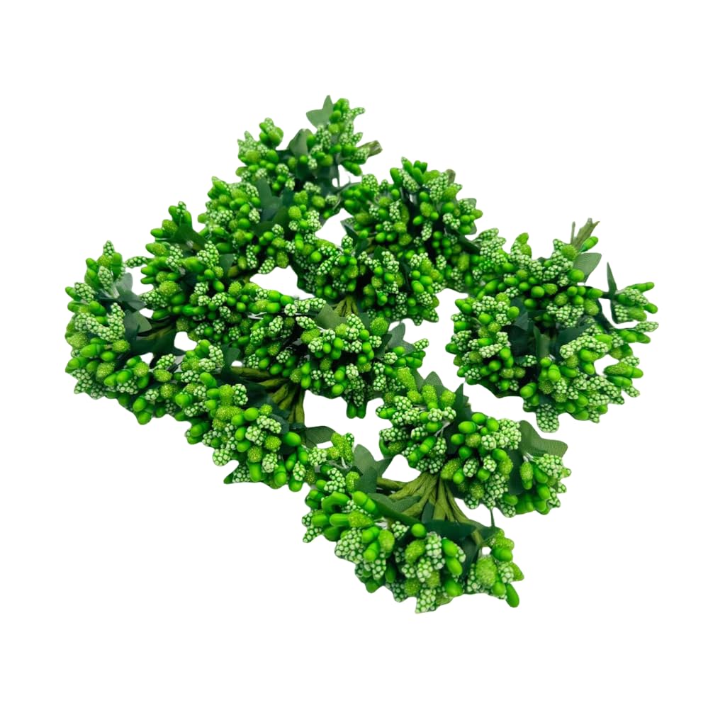 144pcs Artificial Mini Flower Stamen Pistil and Soft Stem, 20mm Tiny Berry for DIY Make Bridal Hair Clips, Cake Top, Wrist Corsage Boutonniere, Candle Rings Wreath Bracelet Flower (Green) - color: Green