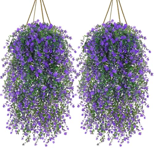 12 Pcs Artificial Hanging Flowers Faux Eucalyptus Vine Fake Hanging Plants Plastic UV Resistant Trailing Vines for Indoor Outdoor Wall Garden Front Porch Home Decor (Purple) - color: Purple-12pcs