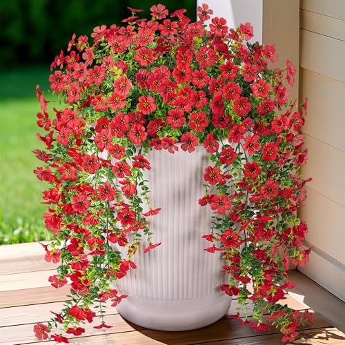 Ammyoo Artificial Hanging Flowers for Outdoors Fake Plants Decoration, 2 Pcs Faux Silk Daisy Flower Realistic Outdoor Flowers UV Resistant Porch Patio Window Yard Indoor Spring Decor(Red) - color: Red