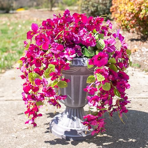 Fake Hibiscus Artificial Hanging Flowers Plants for Outdoors Spring Decoration, 4pcs Silk Hibiscus Vines Realistic UV Resistant Faux Flowers for Outside Planter Porch Patio Yard Wedding Party, Fuchsia - color: Fuchsia, size: 4 pcs