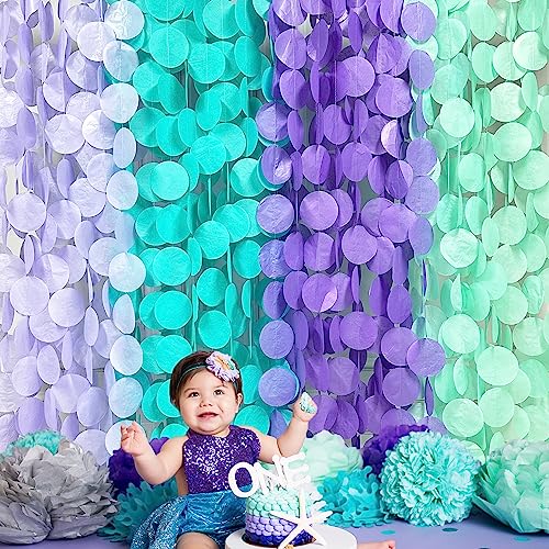 205Ft Purple Teal Big Circle Dot Backdrop Streamer Tissue Paper Polka Dot Hanging Garland for Mermaid Under The Sea Birthday Bachelorette Wedding Baby Shower Engagement Party Decorations Supplies - color: Ombre Mermaid