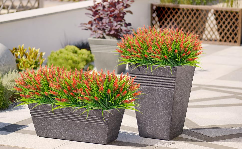 obbsie 36 Bundles Artificial Plants Outdoor, 18.2" UV Resistant Faux Monkey Grass Greenery Stems No Fade Faux Plastic Flowers Shrubs for Home Weddings Garden Porch Front Patio Office Decor - Red - color: Red, size: 36 Pcs