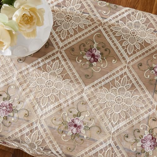 LINENZONE Gold Farmhouse Table Runner with Flower Design. 72 Inch Dining Table Runner for Holiday or Wedding Decor. (Viola 16 x 72, Linen) - color: Linen, size: 72" x 16" (Rectangular)