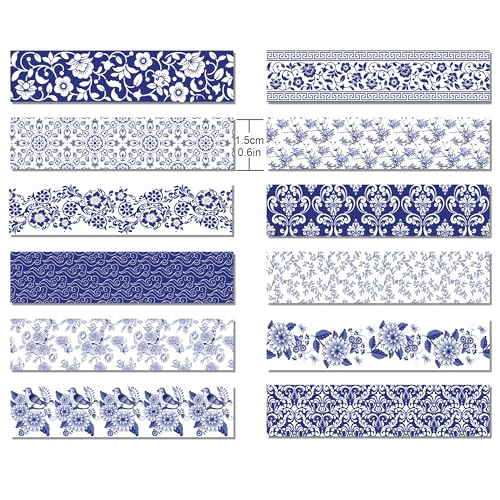 Bolsome 12Rolls Blue Floral Washi Tape Vintage Flowers Washi Tape Chinoiserie Design Decorative Tape for Wedding Birthday Envelope Scrapbook Craft Supplies