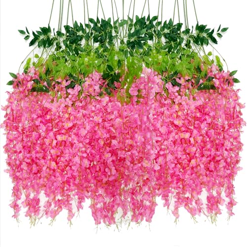 Artificial Wisteria Hanging Flowers-Fake Wisteria Flower Garland Silk Vines Rattan Decor for Home Wedding Arch Wall Garden Greenery Bedroom Outdoor Office Party Decoration(36, Dark Pink) - color: Dark Pink