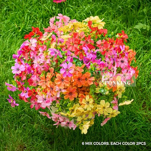 Artificial Flowers for Outdoors Patio Decoration 12 Bundles Fake Flower Cherry Blossom UV Resistant Faux Plants Yard Garden Porch Home Boxwood Patio Decor, Mix Pink Purple Yellow Orange Red Flower - color: B 6 Mix Colors Cherry Blossom 12pcs