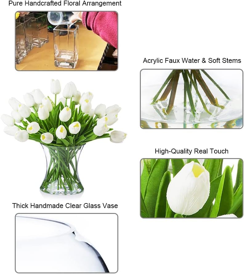 Real Touch Artificial Tulips with Glass Vase and Acrylic Water, 40 Pcs Fake Tulip Flowers Bouquet for Home Office Decor, Silk Flowers Arrangements for Dining Table Wedding Centerpiece (White) - color: White