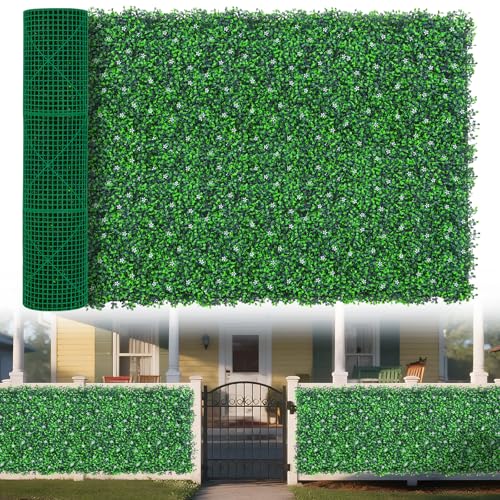 Yangrass Boxwood Roll Panels with Flowers, 48"x140" (47 sqft) Artificial Ivy Privacy Fence Screen, UV-Anti Faux Boxwood Roll Grass Wall Panels for Patio Garden Balcony Decor - size: 48x140inches