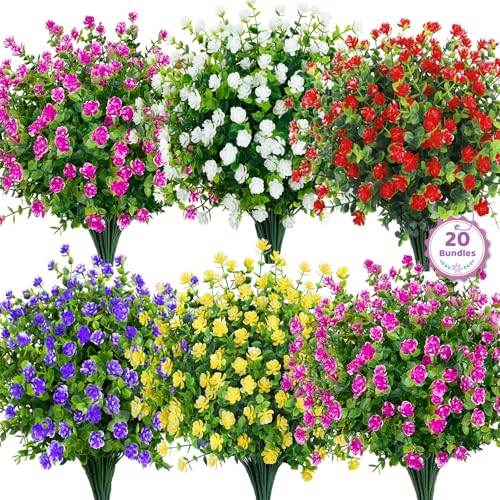Bassion 20 Bundles Artificial Flowers for Outdoors Decoration UV Resistant Faux Flowers Fake Plastic Plants Shrubs for Indoor Outside Garden Porch Hanging Planter Window Box Home Decor - color: Multi Color