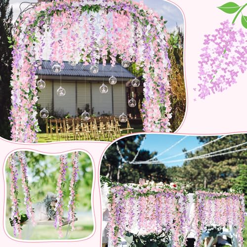 Thiccywoov 4pcs Wisteria Artificial Flowers Garland, 7.2Ft/Piece Wisteria Hanging Flowers Garland for Wedding Arch Decoration Outdoor Ceremony Home Backdrop Garden (Light Purple,White,Light Pink) - color: Light Purple, White, Light Pink
