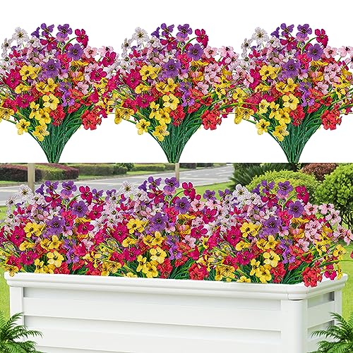 Lnoicy 12 Pcs Artificial Flowers for Outdoor,Plastic Flowers Decoration, UV Resistant Faux Flowers Shrubs, Artificial Plants for Indoor Outside Garden Home Wedding Farmhouse（6 Color） - color: Mix Colors, size: 12