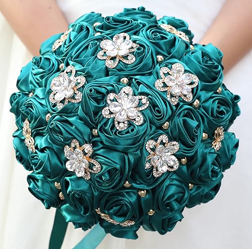 Sharebeauty 9.4" Handmade Satin Rose Bridal Bouquet Toss Round Wedding Bouquet Throw Toss Artificial Flower Bunch Dark Green - color: 809a Dark Green, size: 9.4"/24cm