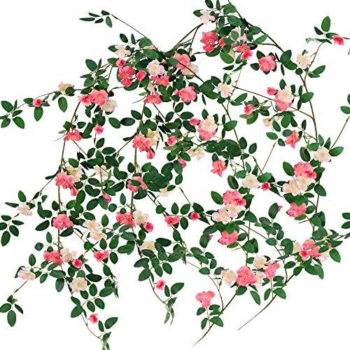 FiveSeasonStuff Pink Wild Rose Vine Garland, Two Faux Silk Floral Garlands with Greenery, Bendable Decorative Vines 12 ft Total - color: Pink
