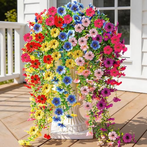 AGIRL 6 Bundles Artificial Flowers for Spring Decoration,Faux Plants for Outdoor Planters,UV & Fading Resistant Silk Fake Flowers for Garden,Patio,Porch,Yard,Farmhouse Decor - color: Red Yellow Fuchsia Purple Pink Blue