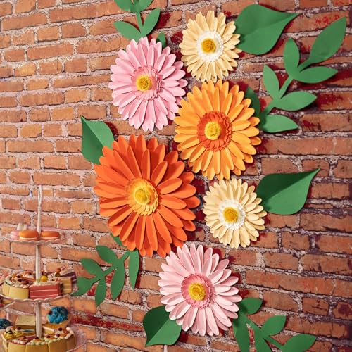Daisy Paper Flowers Wall Decor 3D Orange Pink Large Flowers Bulletin Board Decoration Spring Garden Groovy Birthday Decorations for Women Girls Baby Shower Classroom Office Boho Nursery Wall Decor - color: Orange Pink Cream