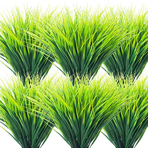 Grunyia 20 Bundles Artificial Outdoor Plants, Fake Wheat Grass Greenery Shrubs UV Resistant Faux Plastic Plants Garden Porch Window Box Décor (Grass) - color: Green
