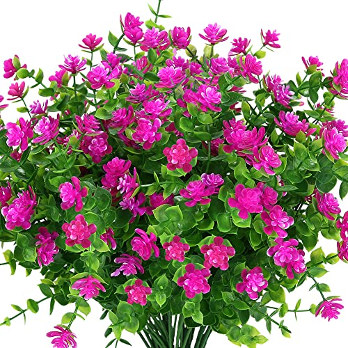 8 Bundles Outdoor Artificial Fake Flowers UV Resistant No Fade Boxwood Faux Plastic Plants for Garden Patio Porch Window Box Home Wedding Farmhouse Décor (Fushia) - color: Fuchsia