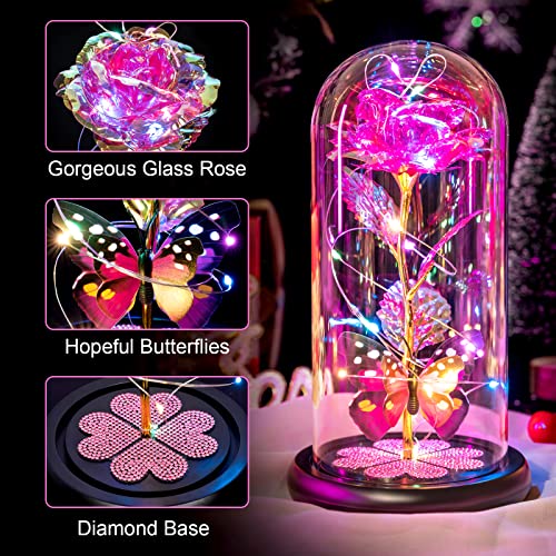 Mothers Day Mom Gifts for Mom Women Birthday Gift Galaxy Glass Rose in Glass Dome Forever Eternal Crystal Flowers with Butterfly Mother's Day Flowers Gifts for Women Wife Grandma Daughter Sister Pink - color: D Pink