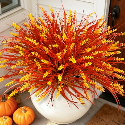 20Pcs Fake Plants Artificial Flowers Monkey Grass for Outdoors，UV Resistant Realistic Fall Artificial Flowers for Outdoors，No Fade Shrubs Outside Decor for Courtyard Porch Patio Garden - color: Yellow, size: 20Pcs