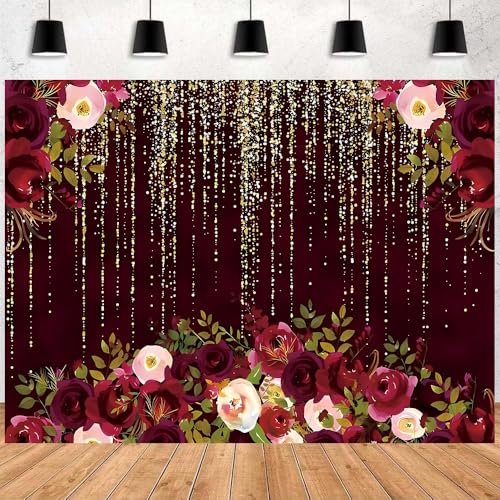 Red Rose Floral Theme Photography Backdrops Luxurious Vintage Red with Gold-Speckled Rose Backdrop Bridal Shower Wedding Anniversary Reception Ceremony Portrait Photo Booth Prop (C, 6 * 4feet) - color: C, size: 6*4feet
