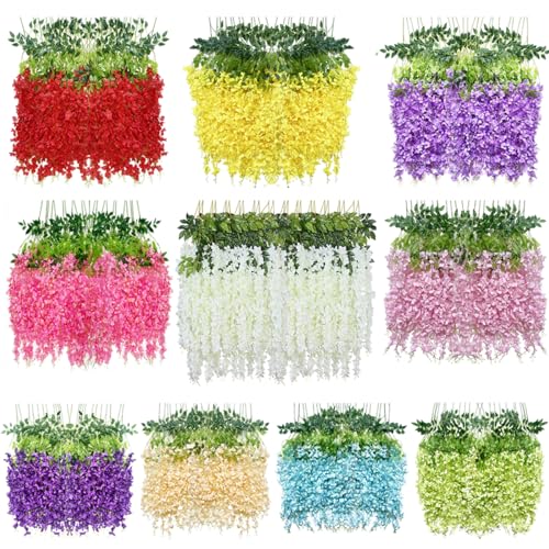 Artificial Wisteria Hanging Flowers Fake Wisteria Flower Garland Silk Vines Rattan Decor for Home Wedding Arch Wall Garden Greenery Bedroom Outdoor Office Party Decoration (36, Red) - color: Red
