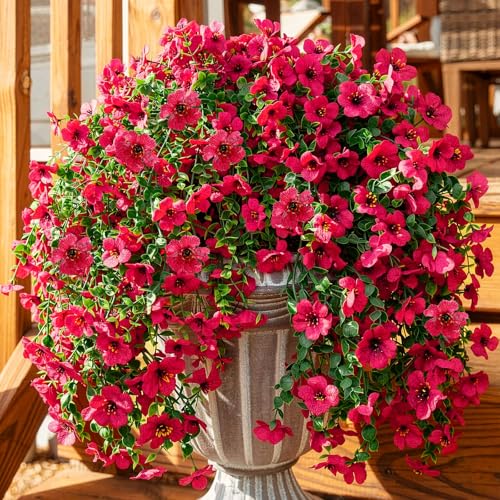 Suncalla 4 Pcs 30In Artificial Hanging Flowers for Outdoor Planter 156 Branches Trailing Faux Potted Plant Fake Floral UV & Fading Resistant for Wedding Patio Spring Summer Decor(Rose Red) - color: Rose Red