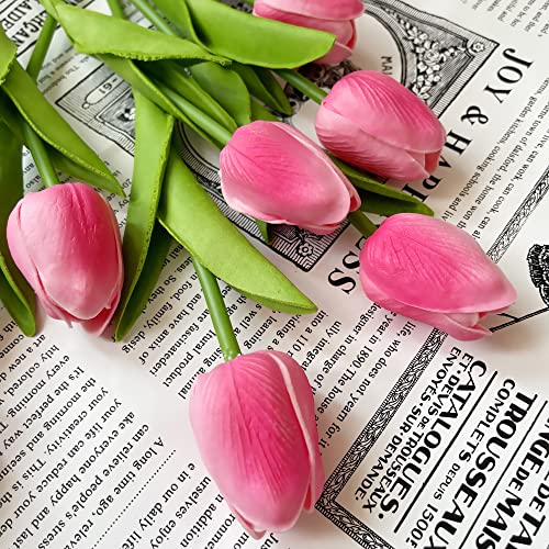 UKELER Tulips Artificial Flowers Bulk 24 Pcs Faux Tulips PU Floral Spring Fake Flowers for Home Kitchen Wedding Birthday Party Decorations, Dark Pink - color: Dark Pink