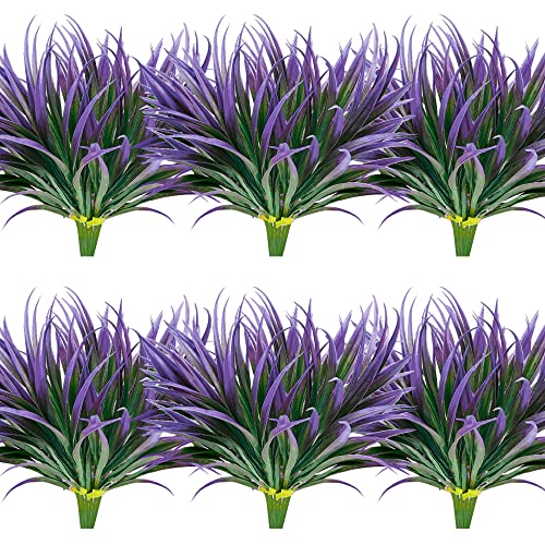 16 Pcs Outdoor Fake Plants UV Resistant Artificial Tall Grass Plants Faux Tropical Flowers Bushes Fall Winter Summer Planters Yard Patio Front Porch Décor Plastic Greenery Shrubs Decoration - color: Light Purple Grass Plant, size: 16 Pcs