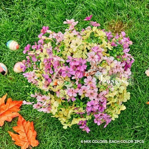 Artificial Flowers for Outdoors Patio Decoration 12 Bundles Fake Flower Cherry Blossom UV Resistant Faux Plants Yard Garden Porch Home Boxwood Patio Spring Easter Decor, Mix Yellow Purple Pink Flower - color: B Purple Yellow Pink Cherry Blossom 12pcs