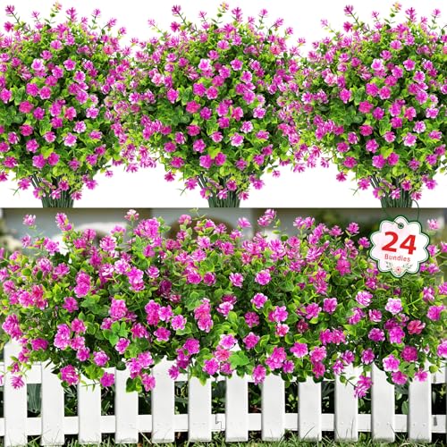 Ouddy Decor 24 Bundles Artificial Flowers for Outdoors Decoration Fake Flowers UV Resistant Faux Plastic Greenery Eucalyptus Plants for Spring Summer Garden Patio Indoor Outdoor Home Decor, Fuchsia - color: Fuchsia
