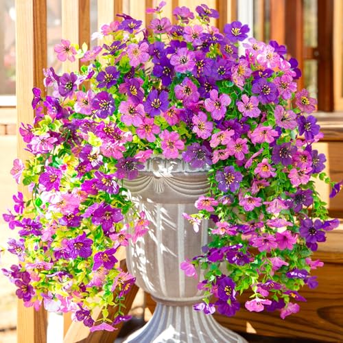Artificial Faux Hanging Flowers Plants for Spring Outdoor Outside Decoration, 2 PCS Fake Silk Daisy with Eucalyptus UV Resistant Realistic Trailing Vines for Balcony Patio Porch (Darkpurple+Purple) - color: Darkpurple+purple