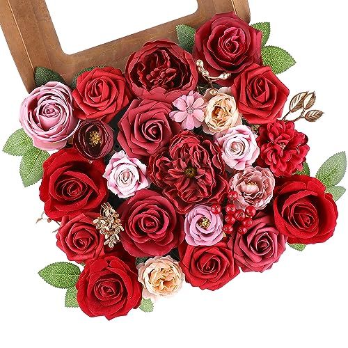AGIRL Red Artificial Flowers Combo Fake Flowers Red Rose Silk Flowers Fake Floral Arrangements for Valentine's Day DIY Wedding Bouquets Centerpieces Table Decor Baby Shower Home Decor - color: Red