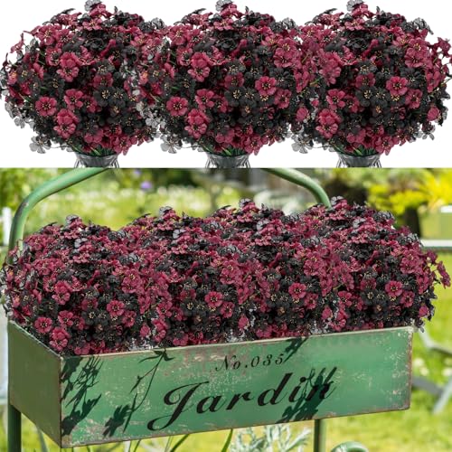 Lyrow 100 Bundles Violet Artificial Flowers, UV Resistant Faux Silk Flowers Outdoor, Fake Violet Bulk for Front Porch Hanging Garden Courtyard Farmhouse Home (Black and Red) - color: Black and Red