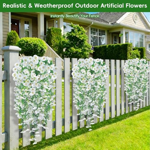 Artificial Hanging Flowers for Outdoors, 4Pcs UV Resistant Artificial Hanging Morning Glory Flowers, Spring Realistic Faux Outdoor Flower for Porch Patio Yard Garden Farmhouse Decor (White - color: White