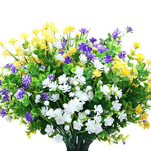 WILLBOND 12 Bundles Artificial Flowers Outdoor, UV Resistant Faux Artificial Plants Shrubs Plastic Flower Bulk for Hanging Planter Porch Window Home Spring Summer Decor(Yellow, Purple, White) - color: Yellow, Purple, White