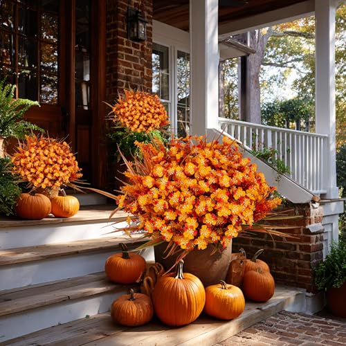 AXYLEX Artificial Fall Flowers Outdoor Fake Mums - 16 Bundles Fake Plants UV Resistant No Fade Faux Plastic Greenery Garden Porch Patio Fall Home Decor (1, OrangeGreen) - color: Orangegreen