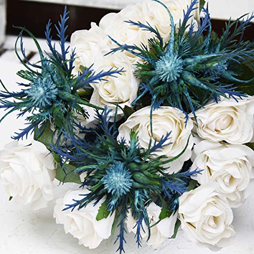 FiveSeasonStuff Real Size Artificial Thistle Flowers Real Touch 8 Stems Rustic Blue Thistle Decor Spray Eryngium | Sea Holly for Wedding Bouquet Centerpiece 26 inches - color: Rustic Blue