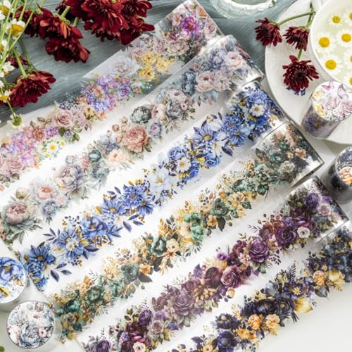 6Rolls Washi Tape Set Scrapbook Supplies,Flower Adhesive Tape Washi Stickers Flowers Plant Decorative Tape Scrapbook Tape Vintage Floral Wide Washi Tape Stickers Scrapbook Stickers Journaling Supplies