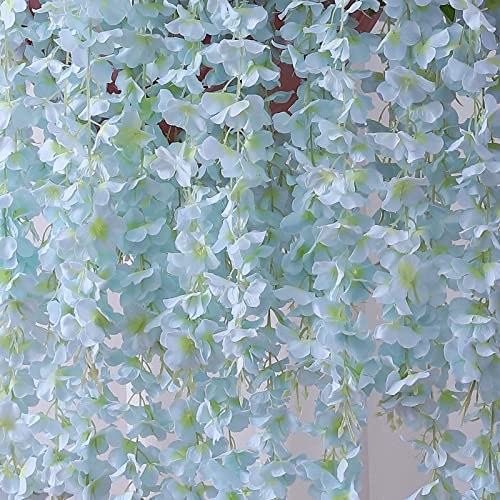 Duovlo 12 Piece Artificial Silk Wisteria Vine 3.6 Feet Hanging Flower Garland String Home Party Wedding Decor (Light Blue) - color: Light Blue