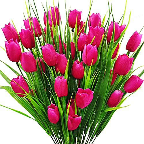 8 Bundles Outdoor Artificial Tulips Fake Flowers UV Resistant Faux Plastic Greenery Shrubs Plants for Home Outside Garden Porch Window Farmhouse Decor (Rose Red) - color: Rose Red