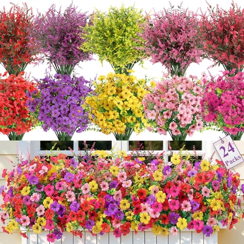 SHareconn 24 Bundles Artificial Flowers for Outdoors Decoration, Faux Plants Fake Silk Colorful Daisy Eucalyptus Lavender, UV Resistant for Outside Home Porch Patio Indoor Spring Decor, Mix 5 Colors - color: Redrosypurpleyellowpink