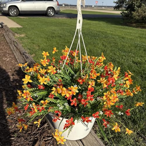 Artificial Spring Fake Flowers with Hanging Basket for Outdoor Summer Decoration, Fake Mums Silk Flowers UV Resistant Faux Flower Plants for Porch Patio Garden Balcony Outside Indoor Decor (Orange) - color: Orange-2