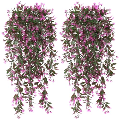 TOCHGREEN 4Pcs Artificial Hanging Plants Fern Vine, Faux Plastic Plants Fake Ivy Vine Greenery Garland with RoseRed Flower, Outdoor Indoor Decorations for Living Room Garden Wall Home Decor (Rose Red) - color: Rose Red
