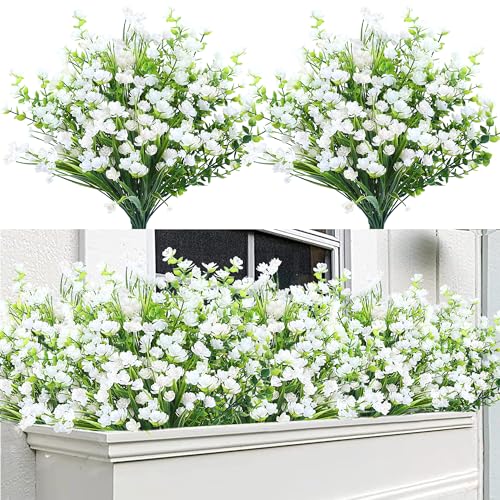 Sggvecsy Artificial Flowers for Outdoors 24 Bundles UV Resistant Boxwood Shrubs Artificial Eucalyptus Fake Plants Faux Plastic Greenery for Farmhouse Garden Home Indoor Outdoor Decoration（White） - color: White, size: 24Pcs