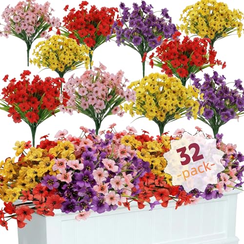 Geegoods Artificial Mums Flowers for Outdoors, 32 Bundles UV Resistant Fake Plastic Colorful Mix Flowers for Patio Porch Spring Summer Decor - color: Mix 4 Colors, size: 32PCS