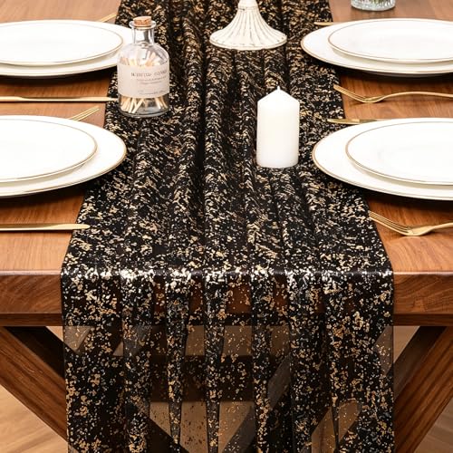 10FT Black Gold Gauze Table Runner Sheer Glitter Metallic Foil Tulle Table Runner 120 Inch Sequin Kitchen Dining Birthday Wedding Christmas Halloween Home Decor for Party - color: Black Gold, size: 10 ft × 1 pc