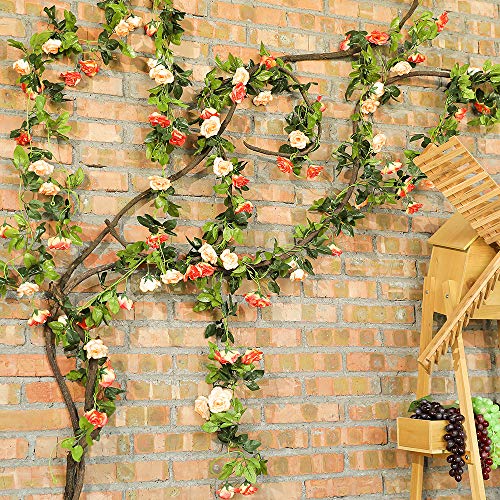 JUSTOYOU 2 Pack (15.8FT) Fake Rose Garland, Artificial Rose Vines Flowers Hanging Silk Rose Vine Wedding Home Backdrop Party Arch Arrangement Decoration - color: Sunset Red