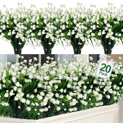TURNMEON 20 Bundles Artificial Flowers for Outdoors,Summer Spring Grass Camellia Fake Flowers Plastic Plants,UV Resistant No Fade Faux Greenery for Gardens Porch Planter Cemetery Decor 500 Head(White) - color: White, size: 20 Bundles