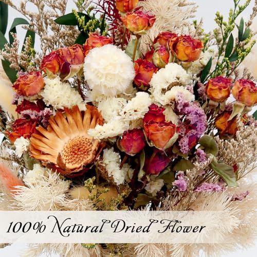 17" Dried Flower Bouquets, 100% Natural Dried Flowers with Dried Roses,Bunny Tails,Chrysanthemum Flowers Decor for Vase Rustic Boho Home Decor,Party Fall Decor for Wedding Gift - color: Red Rose